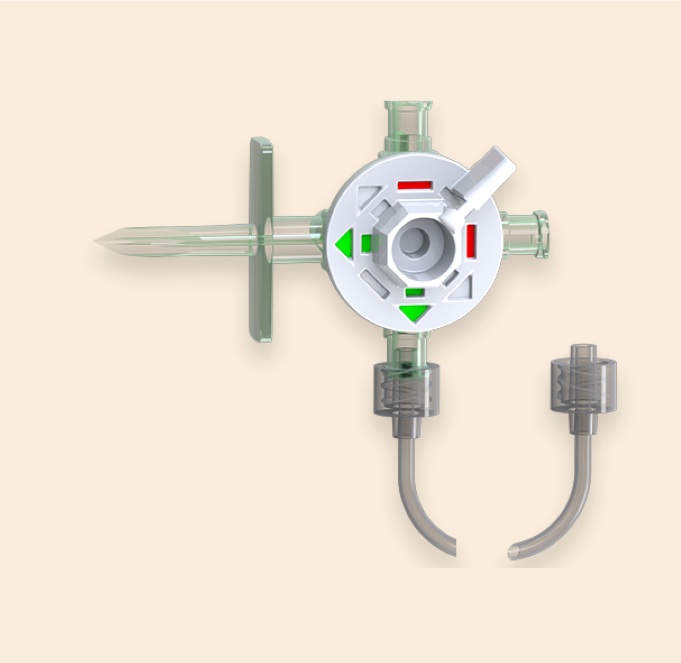 Medical valve device on beige background
